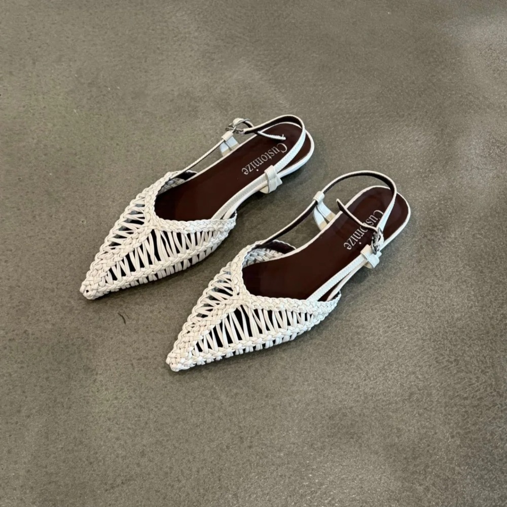 Slip On Mule Flat - 여성용 뾰족한 짜임 로마 스타일 샌들,