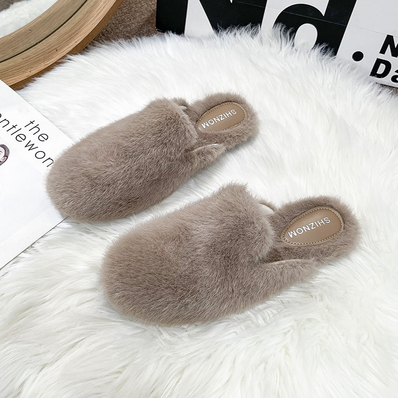 Slip On Mule Flat - 라운드 토 플러피 퍼 슬리퍼 여성용