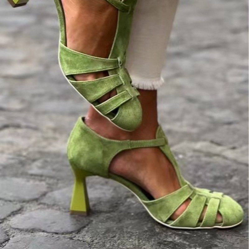 Women Shoes Formal - 여성용 그린 스웨이드 키튼힐 티스트랩 샌들,