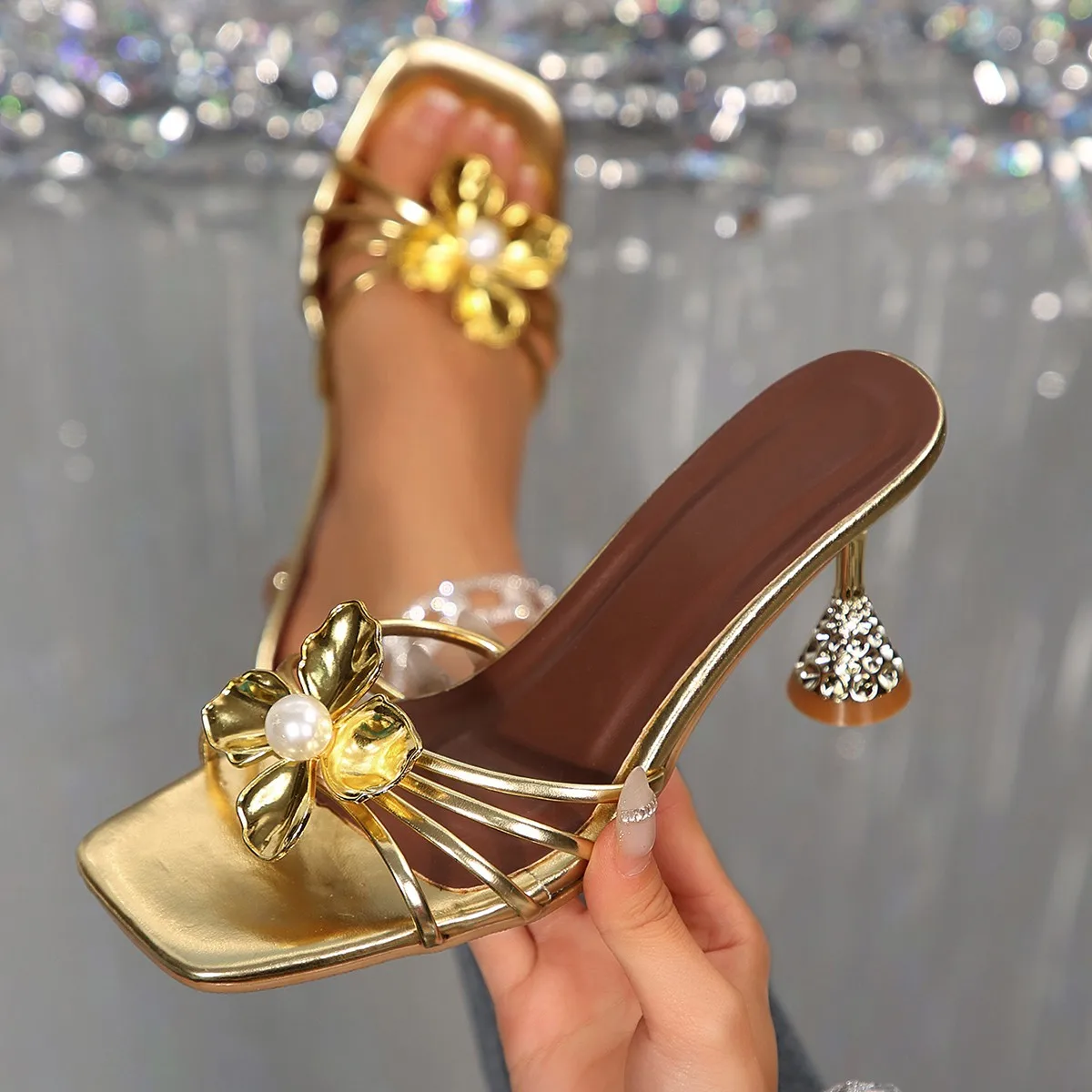 Women Shoes Formal - 빈티지 메탈 플라워 크리스탈 콘 힐