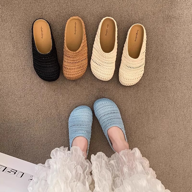Slip On Mule Flat - 여성 라피아 짠 밑창 슬리퍼 여름