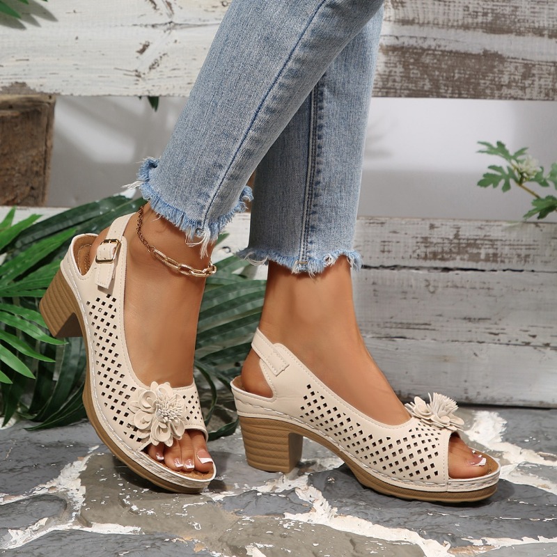 여성 청키 힐 샌들 여름 2026 패션 플라워 데코 홀 - Women'S Shoes Popular 리뷰 및 가격