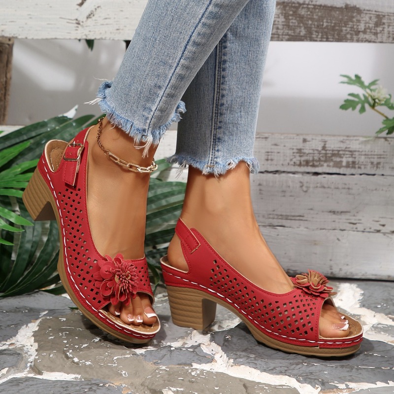 여성 청키 힐 샌들 여름 2026 패션 플라워 데코 홀 - Women'S Shoes Popular 리뷰 및 가격