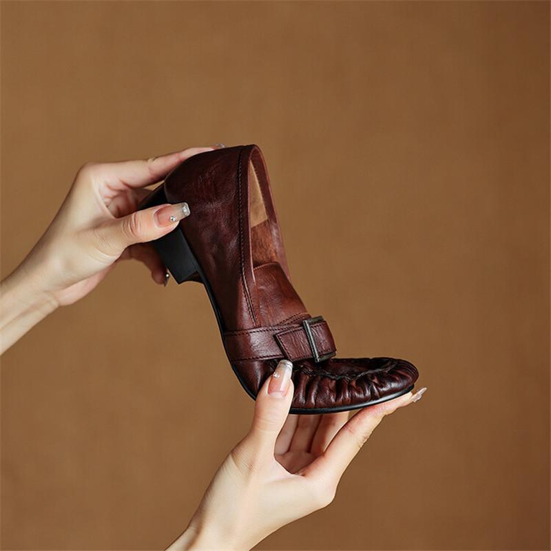 여성용 정품 가죽 펌프스, 여성용 주름진 라운드 토 슈 - Women'S Shoes Popular 리뷰 및 가격