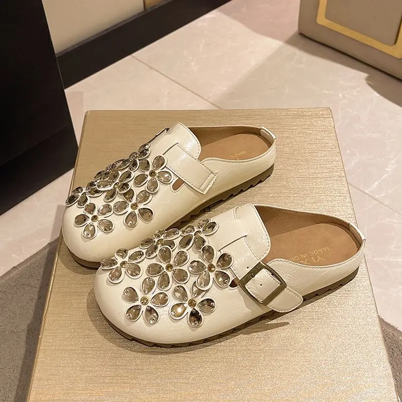 여성용 플로럴 라인스톤 버클 스트랩 클로즈드 토 슬립온 - Slip On Mule Flat 리뷰 및 가격
